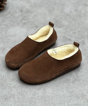 Chocolate Flats Cowhide Leather Casual Fuzzy Wool Lined Flats