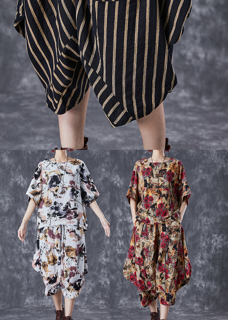 Coffee Floral Cotton Two Piece Suit Set Asymmetrical Oversized Summer