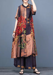 Chocolate Floral Print Silk Shirt Dress And Wide Leg Pants Two Pieces Set Thin Half Sleeve