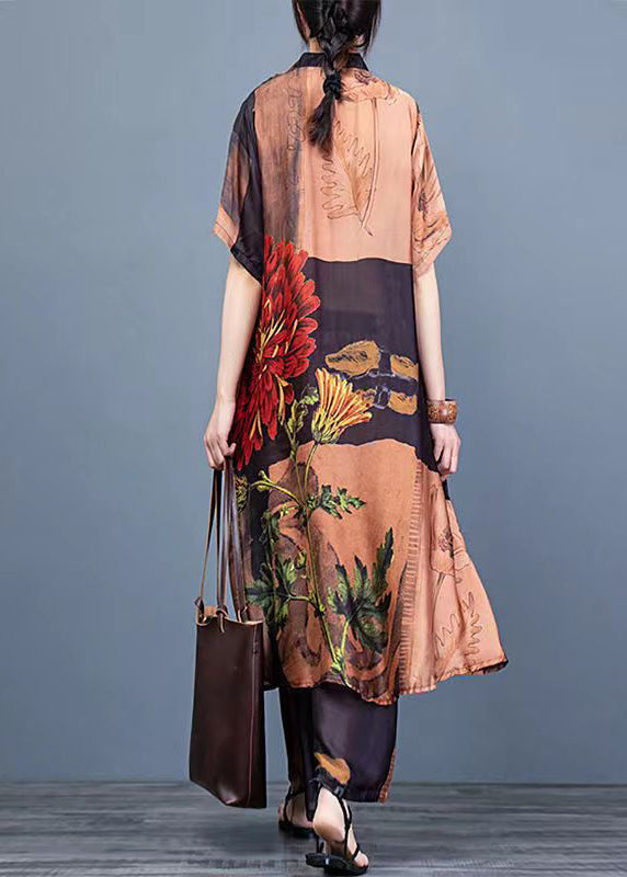 Chocolate Floral Print Silk Shirt Dress And Wide Leg Pants Two Pieces Set Thin Half Sleeve