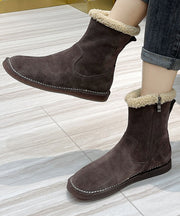 Chocolate Fuzzy Wool Lined Boots Cowhide Leather Fashion Zippered Boots