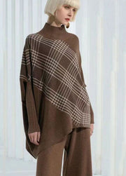 Chocolate Green Warm Plaid Knitted Tops Asymmetrical Design Batwing Sleeve
