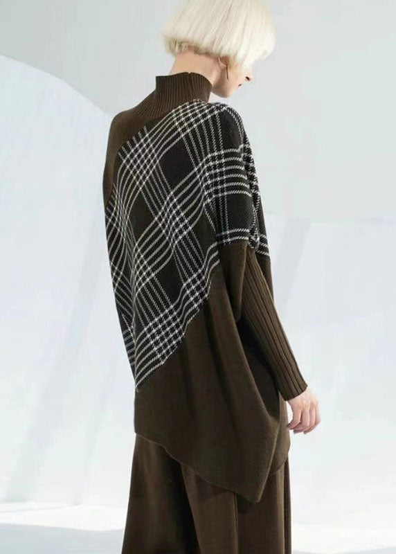 Chocolate Green Warm Plaid Knitted Tops Asymmetrical Design Batwing Sleeve