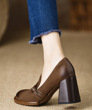 Coffee High Heels Chunky Cowhide Leather Classy Comfy Splicing