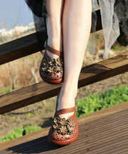 Coffee High Wedge Heels Cowhide Leather 2024 Splicing Hollow Out Floral