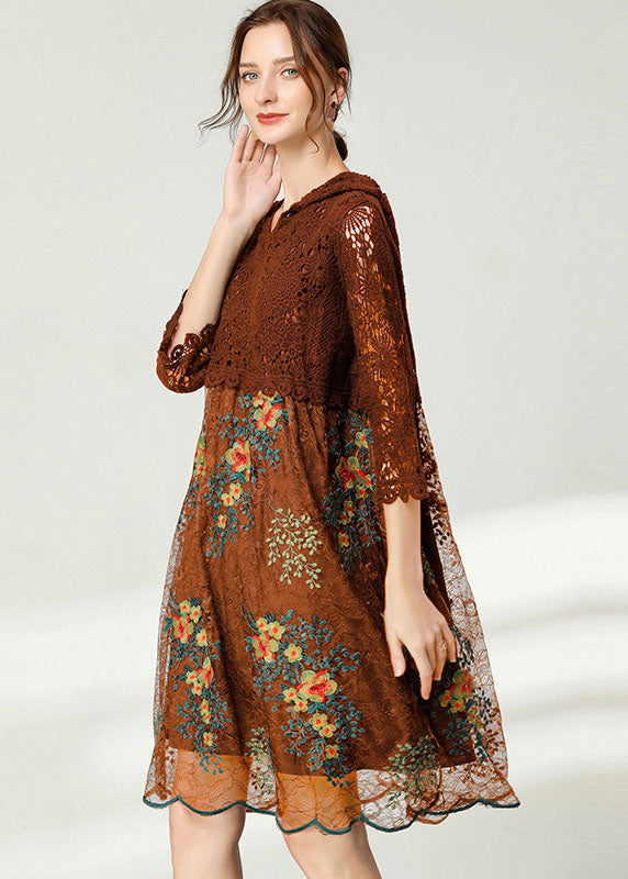 Chocolate Hollow Out Lace Dresses Embroidered Spring