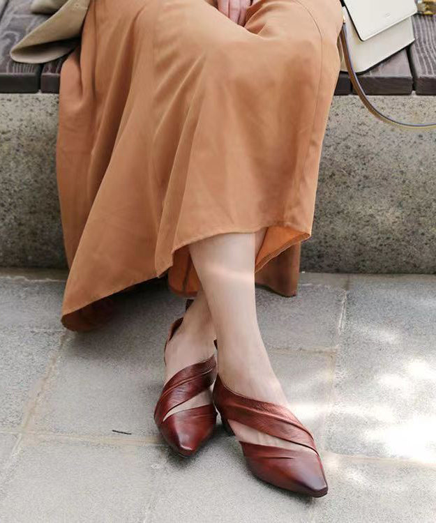 Coffee Hollow Out Pointed Toe Splicing Chunky High Heels