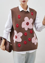 Coffee Jacquard Knit Vest Tops Oversized Spring
