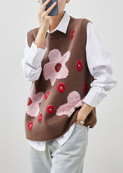 Coffee Jacquard Knit Vest Tops Oversized Spring