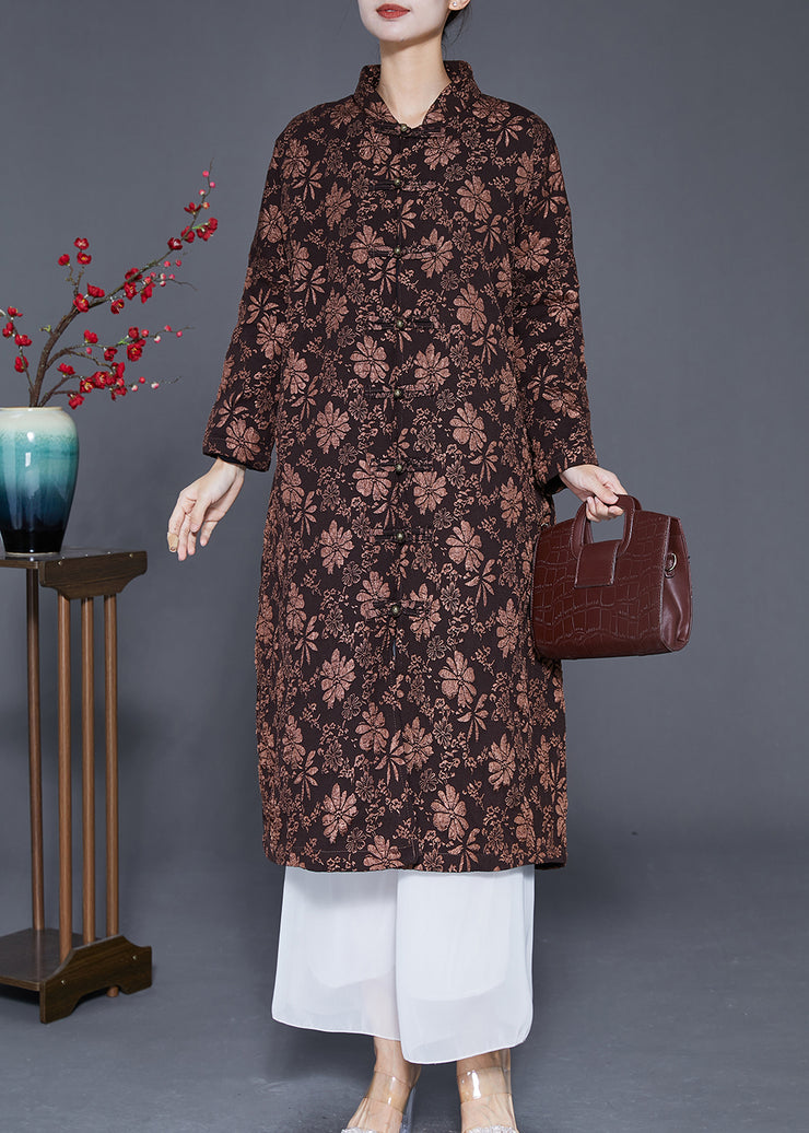 Coffee Jacquard Warm Fine Cotton Filled Women Witner Coats Chinese Button
