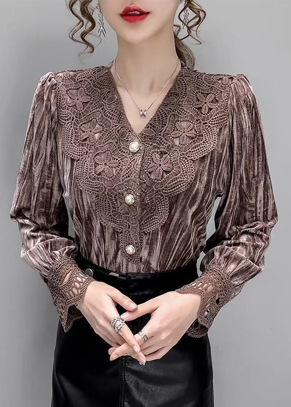 Chocolate Lace Silk Velour Blouses V Neck Button Long Sleeve