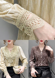 Chocolate Lace Silk Velour Blouses V Neck Button Long Sleeve