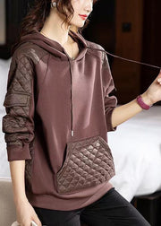 Coffee Lace Up Patchwork Thick Sweatshirt Hooded Long Sleeve