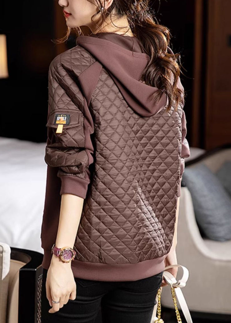 Coffee Lace Up Patchwork Thick Sweatshirt Hooded Long Sleeve