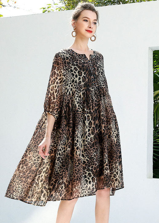Coffee Leopard Print Chiffon Beach Dresses O-Neck Rivet Summer