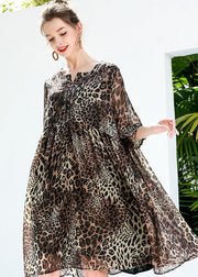 Coffee Leopard Print Chiffon Beach Dresses O-Neck Rivet Summer