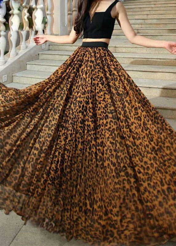 Chocolate Leopard Print Tulle Skirt Wrinkled High Waist Summer