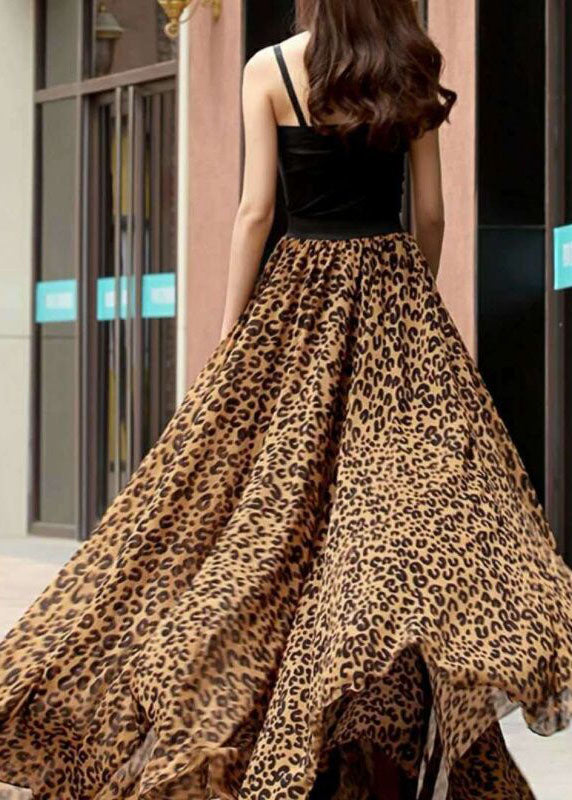 Chocolate Leopard Print Tulle Skirt Wrinkled High Waist Summer