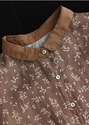 Orange flower Linen Shirt Top Button Peter Pan Collar Half Sleeve