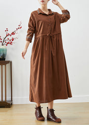 Coffee Loose Corduroy Long Dress Cinched Embroidered Fall