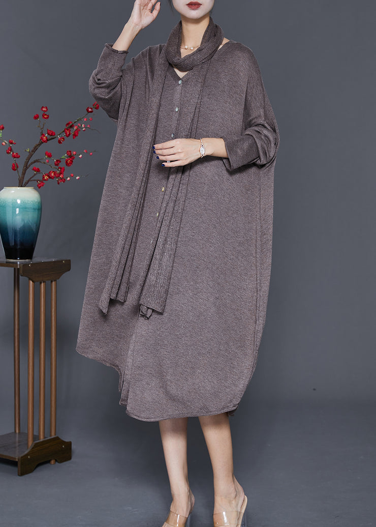 Coffee Loose Knit Dresses Asymmetrical Complimentary Scarf Fall