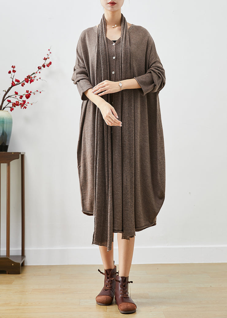 Coffee Loose Knit Maxi Dresses Button Down Complimentary Scarf Fall