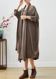 Coffee Loose Knit Maxi Dresses Button Down Complimentary Scarf Fall