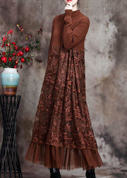 Chocolate O-Neck Embroidered Patchwork Fall Long Knit Dress