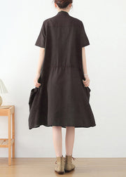 Chocolate Original Design Pockets Linen Shirt Dress Short Sleeve