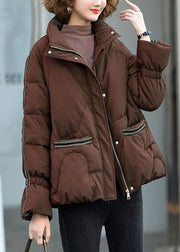 Chocolate Oversized Duck Down Down Jacket Stand Collar Zippered Winter