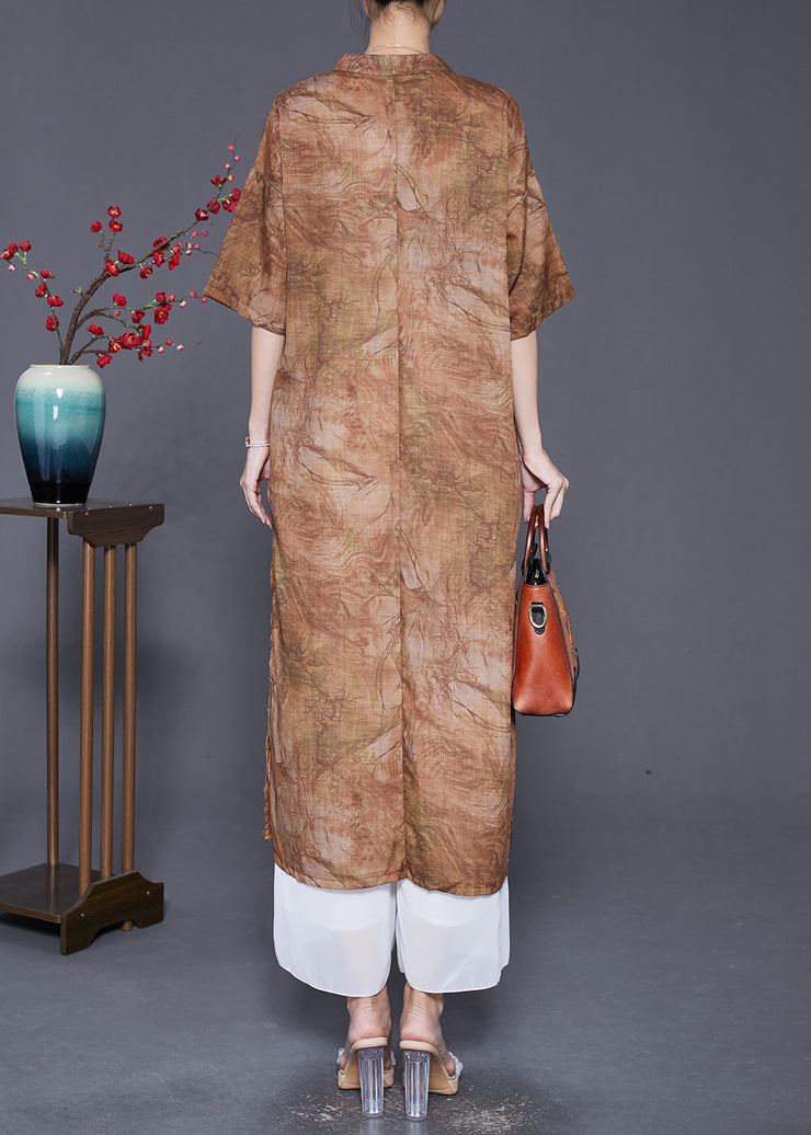 Coffee Oversized Linen Gown Dresses Chinese Button Side Open Summer