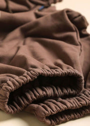 Chocolate Oversized Warm Fleece Pants Embroidered Elastic Waist Winter