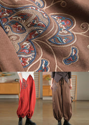 Chocolate Oversized Warm Fleece Pants Embroidered Elastic Waist Winter