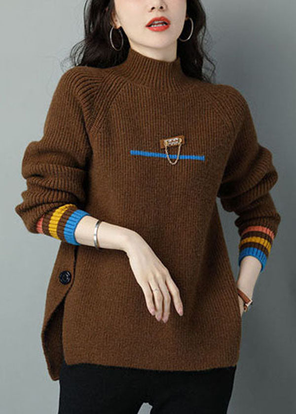 Chocolate Oversized Wool Knit Sweater Tops High Neck Side Open Winter