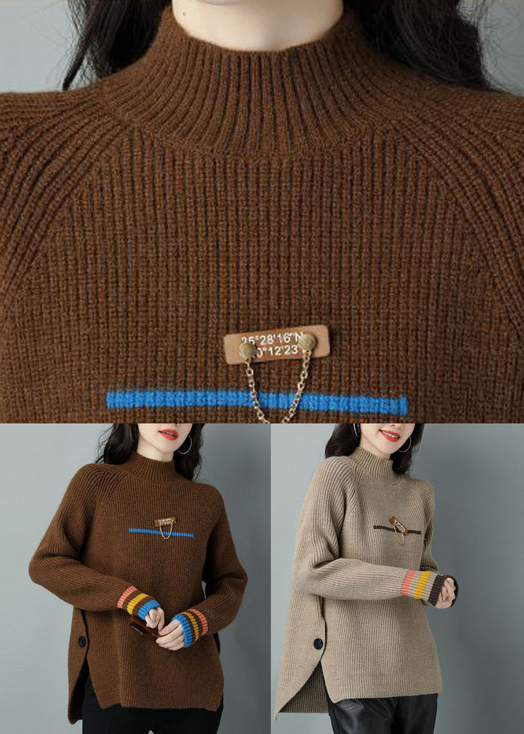 Chocolate Oversized Wool Knit Sweater Tops High Neck Side Open Winter