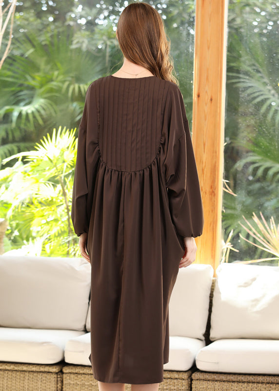 Coffee Patchwork Chiffon Robe Dresses O-Neck Wrinkled Batwing Sleeve