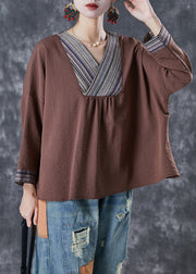 Coffee Patchwork Cotton Blouse Top V Neck Fall