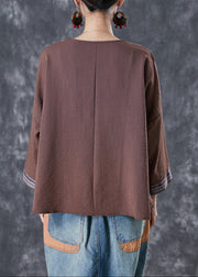 Coffee Patchwork Cotton Blouse Top V Neck Fall