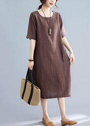 Coffee Patchwork Cotton Dress O Neck Wrinkled Short Sleeve