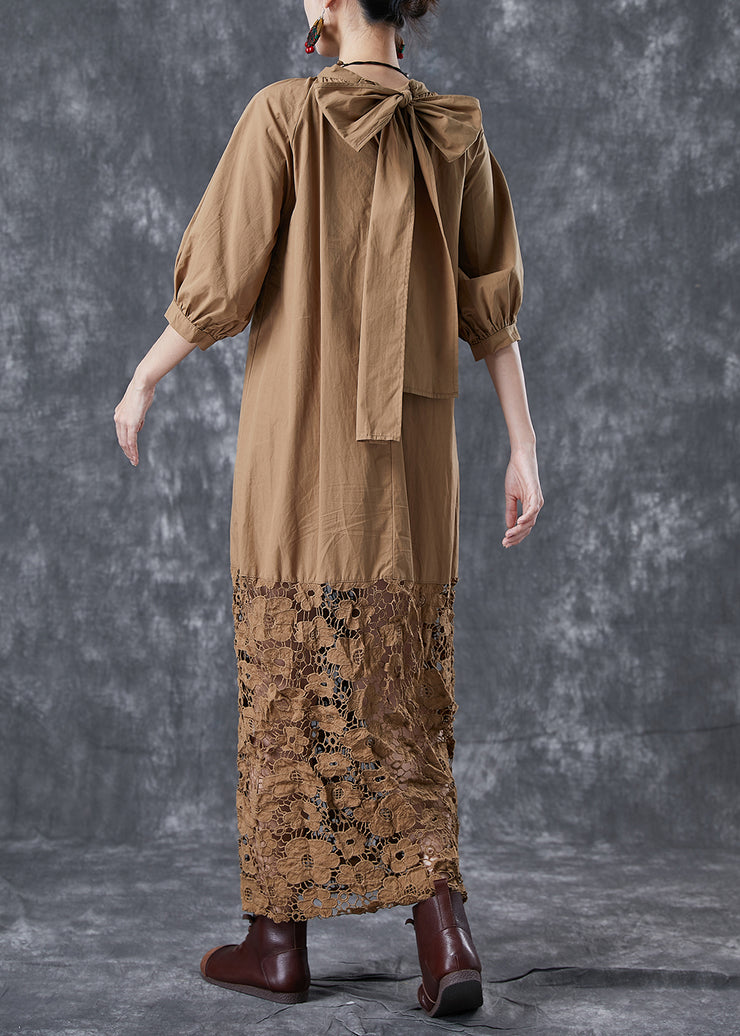 Coffee Patchwork Cotton Long Dress Hollow Out Back Bow Puff Sleeve