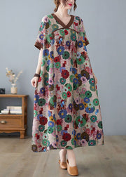 Coffee Patchwork Cotton Robe Dresses Oversized Print Summer