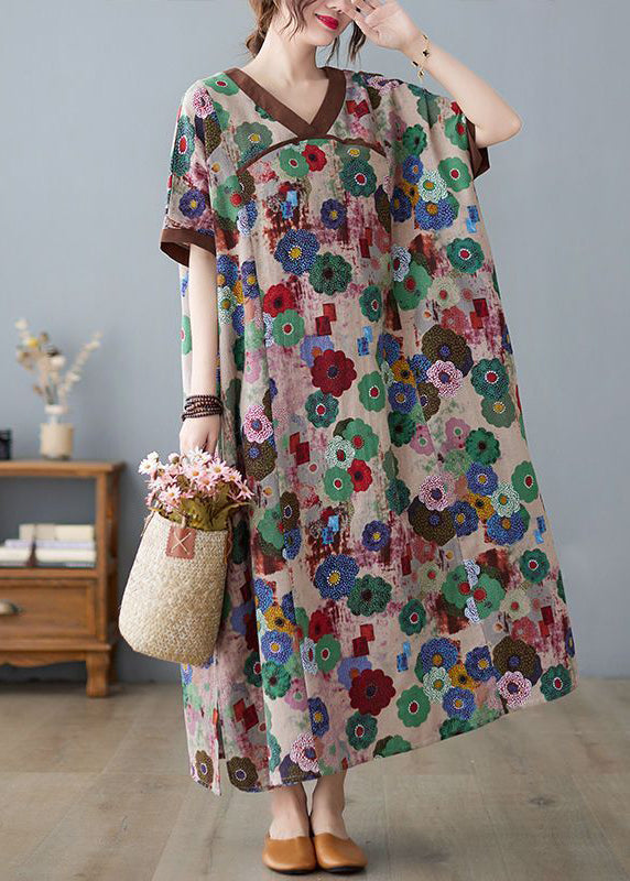 Coffee Patchwork Cotton Robe Dresses Oversized Print Summer