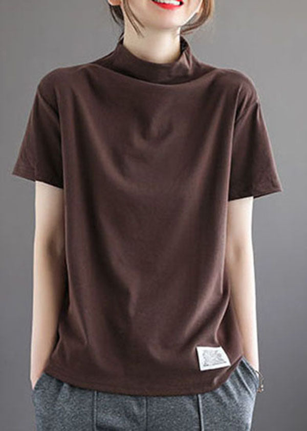 Chocolate Patchwork Cotton T Shirt Top Hign Neck Half Sleeve