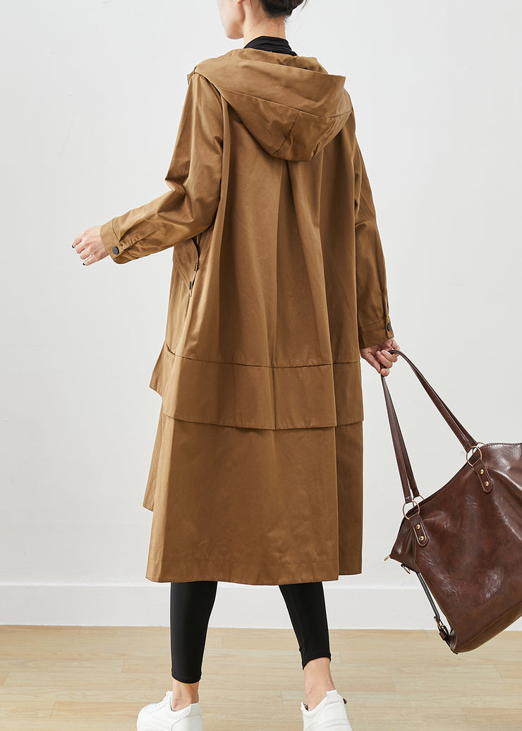 Coffee Patchwork Cotton Trench Oversized Pockets Fall