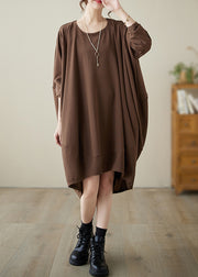 Coffee Patchwork Cozy Cotton Dresses Long Sleeve