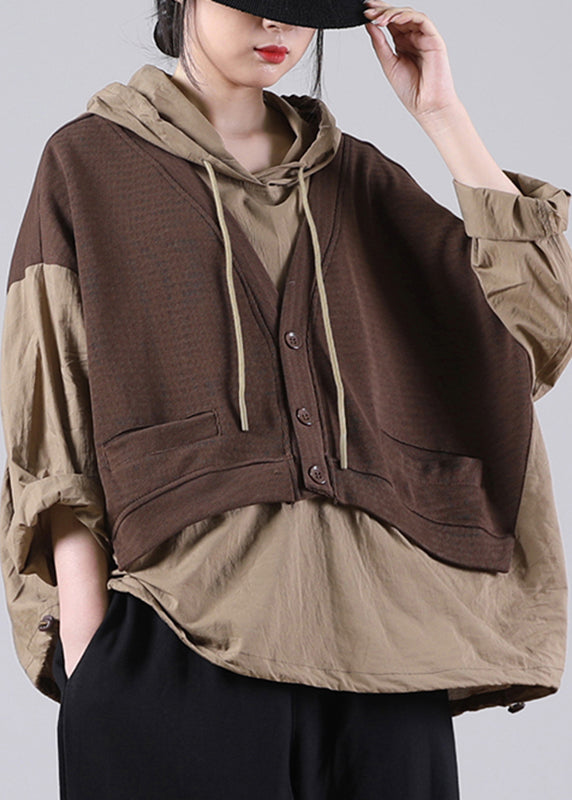 Chocolate Patchwork Fake Two Pieces Hooded Sweatshirts Long Sleeve