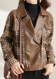 Coffee Patchwork Faux Leather Jackets Peter Pan Collar Zippered Fall