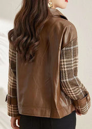 Coffee Patchwork Faux Leather Jackets Peter Pan Collar Zippered Fall
