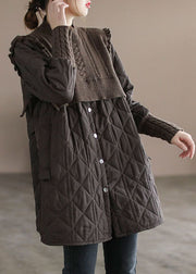 Chocolate Patchwork Fine Cotton Filled Coats Stand Collar Ruffled Winter