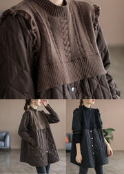 Chocolate Patchwork Fine Cotton Filled Coats Stand Collar Ruffled Winter